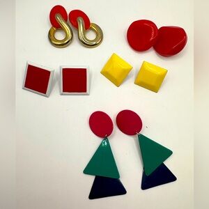Vintage 80s Statement Earrings Lot Colorful Geometric Plastic Gold Tone READ